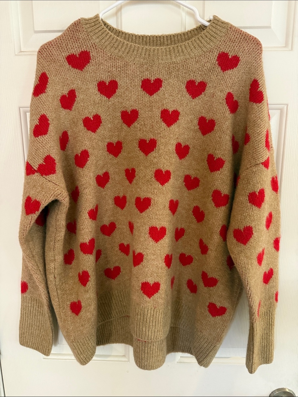 Vince Camuto Valentine Heart Sweater Tan Red Hearts Cozy Fall